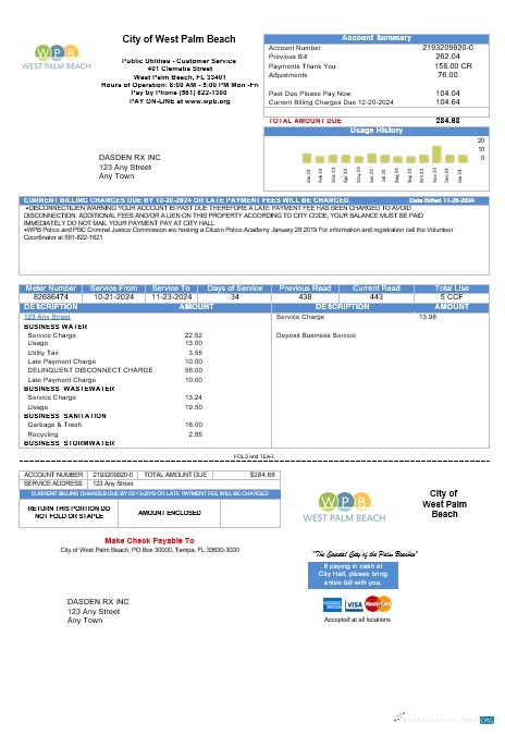 USA Florida City of West Palm Beach business utility bill template in Word and PDF formats